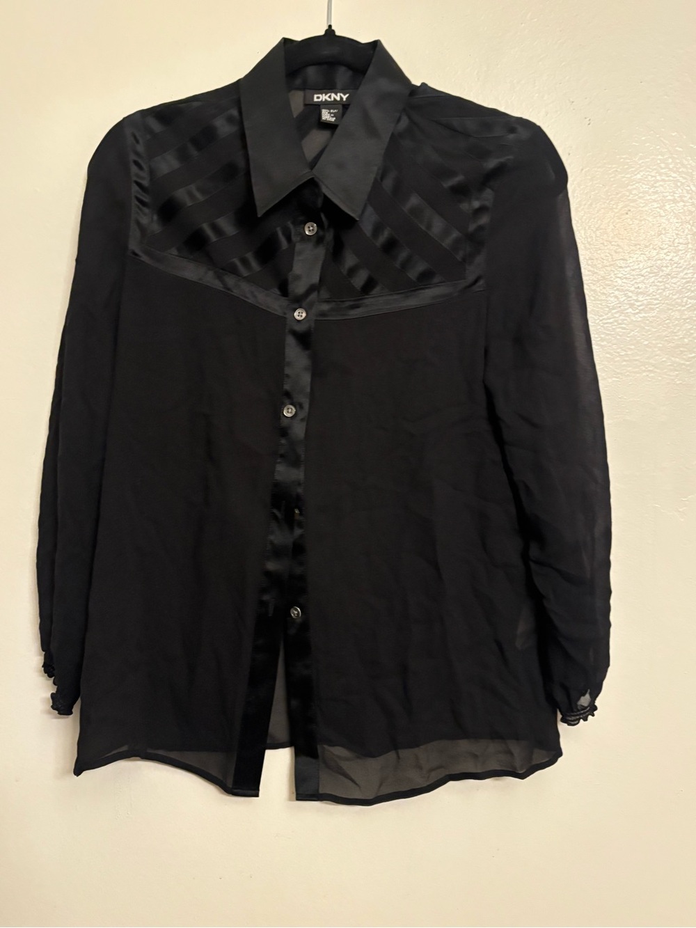 DKNY Black 100% Silk Satin-Trim Long Sleeve Button Shirt
